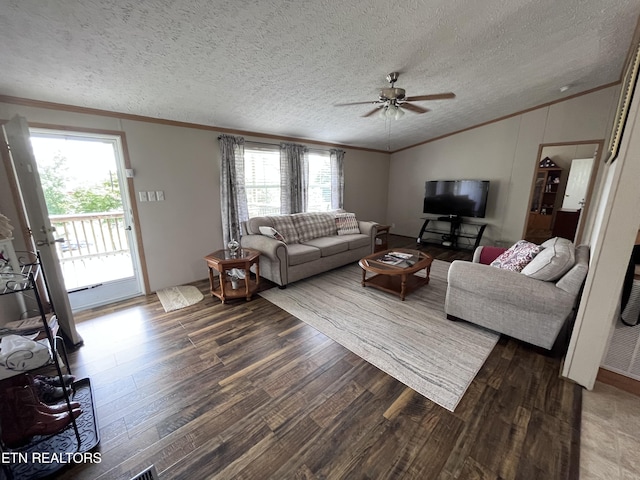 142 Lone Holly Ln, New Tazewell, TN 37825 - living area with lofted ceiling, ornamental molding, wood finished floors, ceiling fan, and a textured ceiling