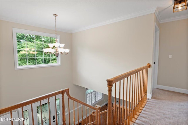 440 Indian Hills Rd, Oneida, TN 37841 - stairs with a chandelier, carpet floors, and crown molding