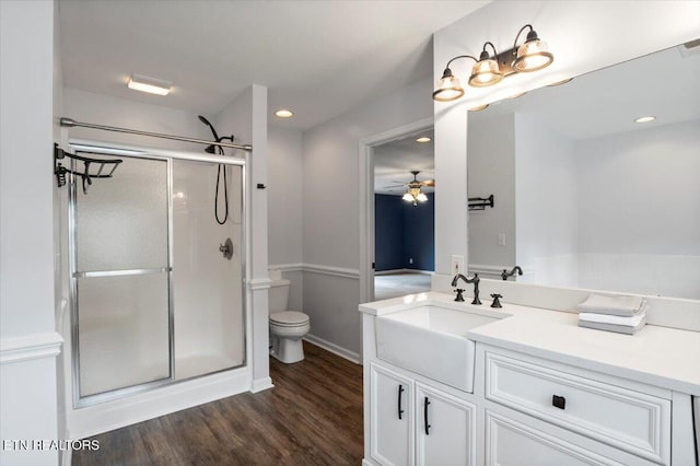 440 Indian Hills Rd, Oneida, TN 37841 - full bathroom featuring a shower stall, vanity, wood finished floors, a ceiling fan, and recessed lighting