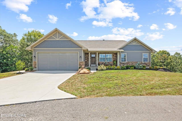 1721 Holly Bend Dr, Byrdstown, TN 38549 - craftsman-style house featuring stone siding, driveway, a garage, and a front lawn