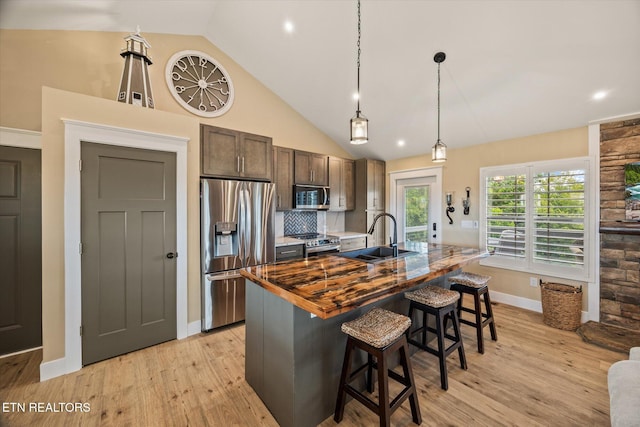 1721 Holly Bend Dr, Byrdstown, TN 38549 - kitchen with stainless steel appliances, light wood-style floors, an island with sink, dark brown cabinetry, and a kitchen breakfast bar