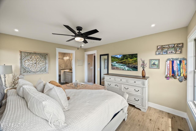 1721 Holly Bend Dr, Byrdstown, TN 38549 - bedroom featuring light wood finished floors, recessed lighting, ceiling fan, and connected bathroom
