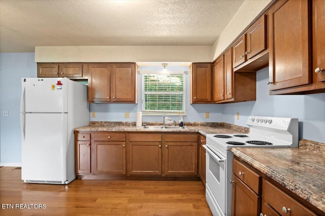 546 Park Rd, Caryville, TN 37714 - kitchen featuring white appliances, brown cabinetry, light wood-style floors, and a textured ceiling