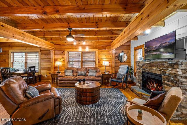 3322 Covered Bridge Way, Sevierville, TN 37862 - living area featuring hardwood / wood-style flooring, a wooden ceiling with exposed beams, wooden walls, a stone fireplace, and a ceiling fan