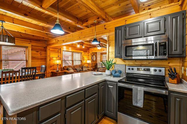 3322 Covered Bridge Way, Sevierville, TN 37862 - kitchen featuring stainless steel appliances, a peninsula, a wooden ceiling with exposed beams, wood walls, and open floor plan