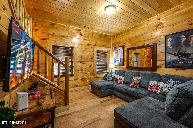 3322 Covered Bridge Way, Sevierville, TN 37862 - living room featuring wood finished floors, stairway, wooden ceiling, and wood walls