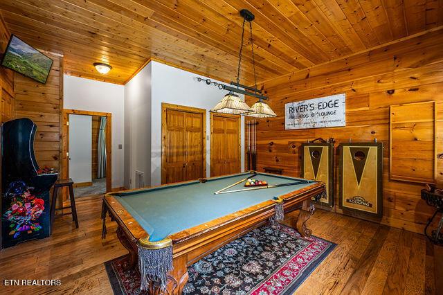3322 Covered Bridge Way, Sevierville, TN 37862 - recreation room with wood ceiling, wood-type flooring, lofted ceiling, billiards table, and wood walls
