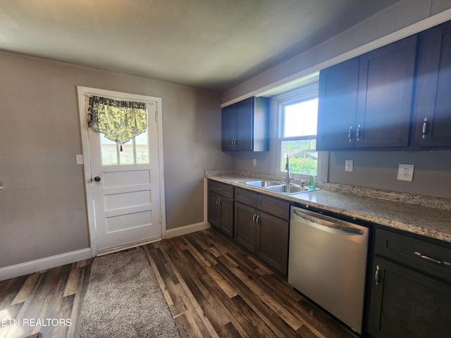 308 E Prospect St, Lafollette, TN 37766 - kitchen featuring stainless steel dishwasher, dark wood-style flooring, blue cabinets, and light countertops