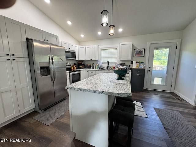 1353 Roy Owens Rd, Jamestown, TN 38556 - kitchen featuring appliances with stainless steel finishes, vaulted ceiling, recessed lighting, a kitchen island, and dark wood-style flooring