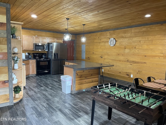 1908 Inskip Ln, Dandridge, TN 37725 - kitchen with black electric range, fridge with ice dispenser, stainless steel microwave, wooden ceiling, and dark wood finished floors