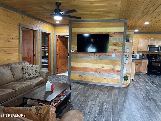 1908 Inskip Ln, Dandridge, TN 37725 - living room with wooden ceiling, wooden walls, ceiling fan, dark wood-style flooring, and recessed lighting