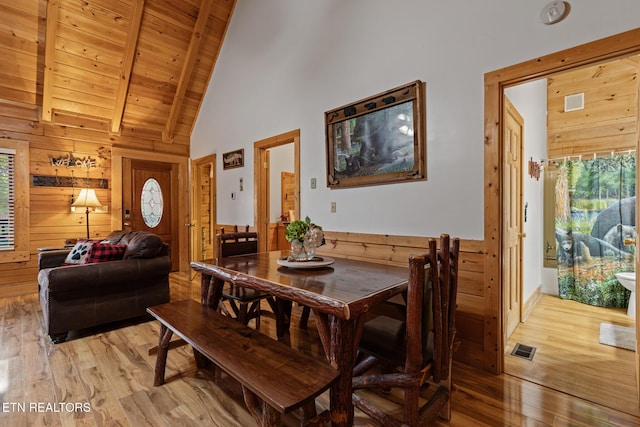 716 Golden Eagle Way, Pigeon Forge, TN 37863 - dining room with wood walls, a wooden ceiling with exposed beams, light wood finished floors, high vaulted ceiling, and wainscoting