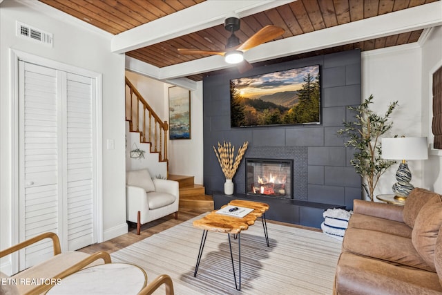 335 Sugar Mountain Way, Pigeon Forge, TN 37863 - living area with a wood ceiling with exposed beams, a fireplace, stairs, wood finished floors, and a ceiling fan
