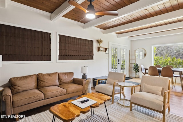 335 Sugar Mountain Way, Pigeon Forge, TN 37863 - living room featuring a wood ceiling with exposed beams, a ceiling fan, light wood finished floors, and french doors