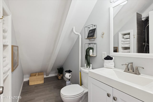 335 Sugar Mountain Way, Pigeon Forge, TN 37863 - bathroom featuring vanity, wood finished floors, vaulted ceiling, and curtained shower