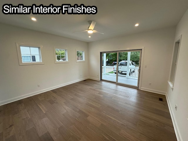 unfurnished room with dark hardwood / wood-style floors and ceiling fan