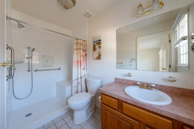 full bath with curtained shower, tile patterned flooring, toilet, vanity, and visible vents