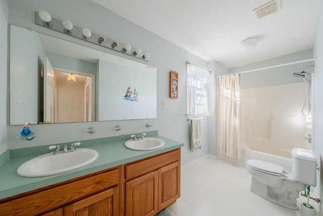 bathroom with shower / tub combo, visible vents, a sink, and toilet