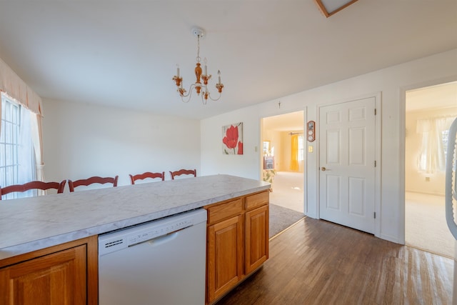 kitchen with light countertops, white dishwasher, dark wood finished floors, and a wealth of natural light