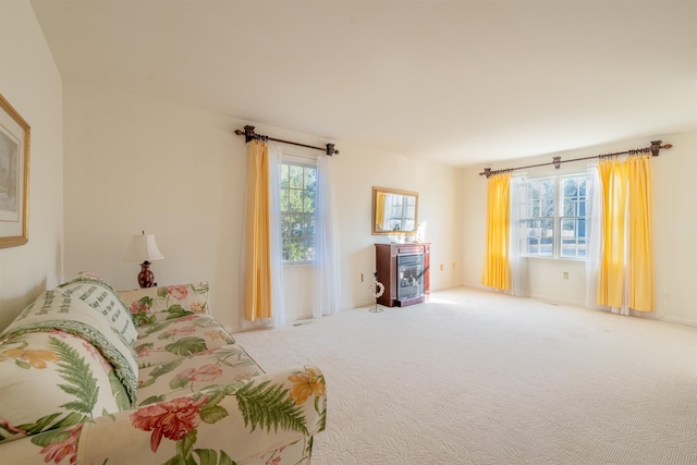 carpeted living room with plenty of natural light and a glass covered fireplace