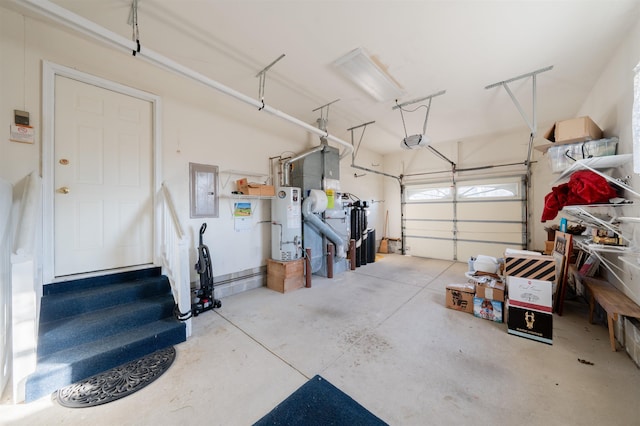 garage featuring gas water heater, electric panel, and a garage door opener