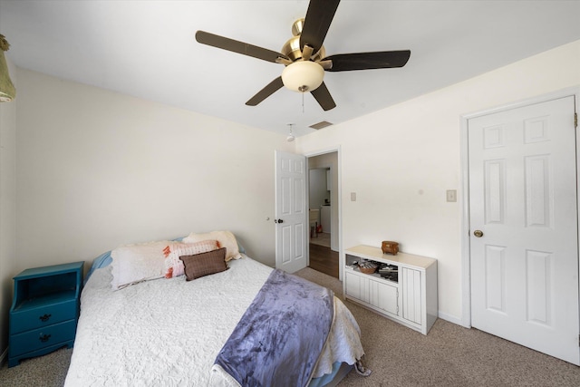 bedroom featuring carpet flooring and ceiling fan