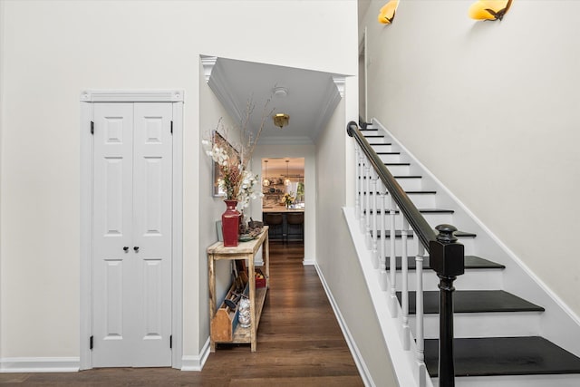 stairs featuring hardwood / wood-style flooring and ornamental molding