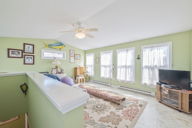 bedroom featuring ceiling fan, vaulted ceiling, light tile patterned flooring, and a baseboard radiator