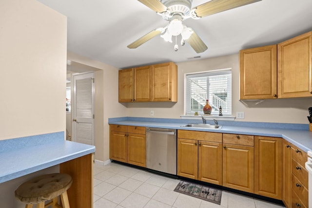 kitchen with a sink, visible vents, a ceiling fan, light countertops, and stainless steel dishwasher