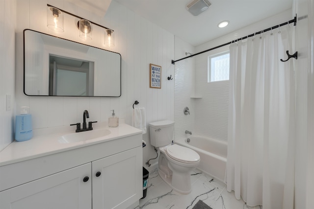 full bath featuring shower / bath combo, toilet, visible vents, marble finish floor, and vanity