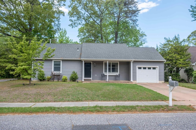 view of front of house featuring a garage, a porch, driveway, a front lawn, and roof with shingles