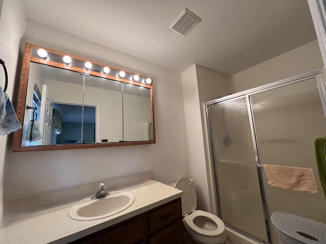 full bath with toilet, a stall shower, vanity, and visible vents