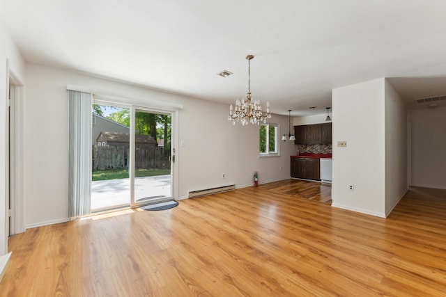 1 Cypress Ct, Rio Grande, NJ 08242 - unfurnished dining area with a baseboard heating unit, a chandelier, light wood-style floors, and baseboards
