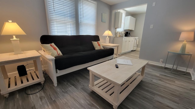 living room with dark hardwood / wood-style flooring