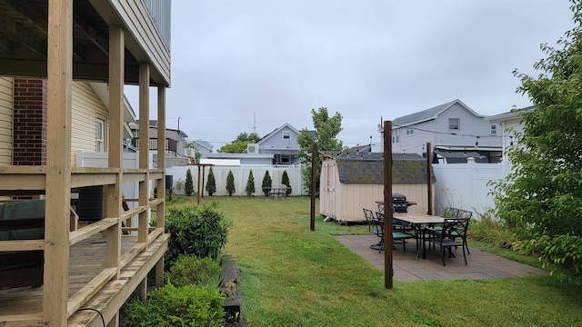 view of yard with a patio and a storage shed