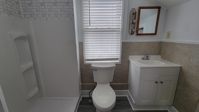 bathroom featuring vanity, a shower, toilet, and tile walls