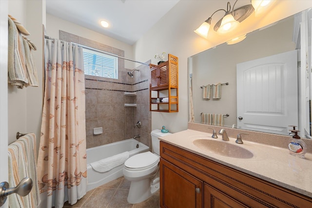 full bathroom featuring tile patterned floors, shower / bath combo, toilet, and vanity