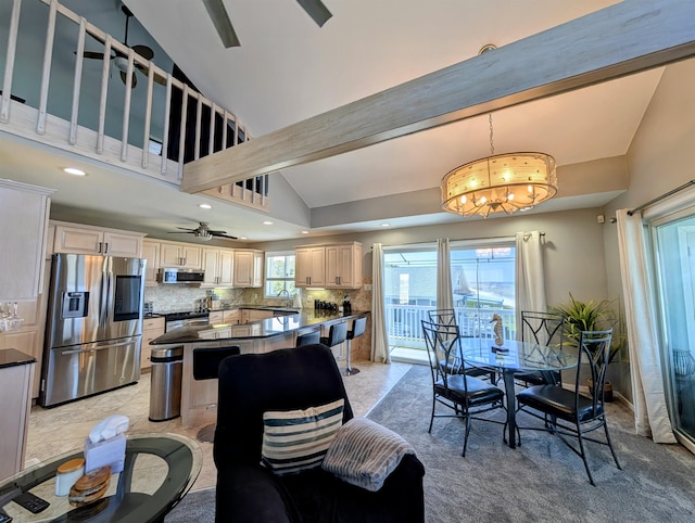 6 Pierces Point Rd, Cape May Court House, NJ 08210 - dining space with a chandelier, ceiling fan, recessed lighting, and high vaulted ceiling