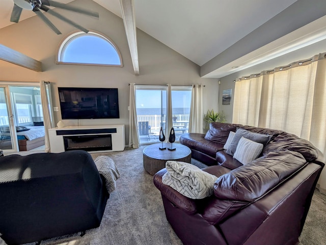 6 Pierces Point Rd, Cape May Court House, NJ 08210 - living room featuring carpet, high vaulted ceiling, a ceiling fan, and a glass covered fireplace
