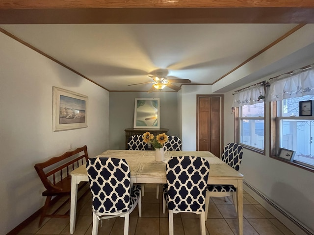 dining room featuring tile patterned flooring, ceiling fan, crown molding, and baseboard heating