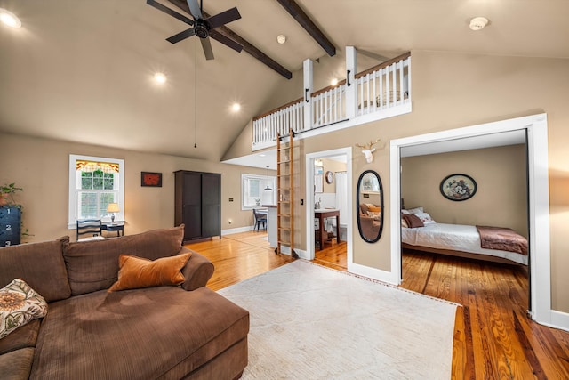 2068 N Shore Rd, Clermont, NJ 08210 - living room featuring wood finished floors, ceiling fan, high vaulted ceiling, beam ceiling, and recessed lighting