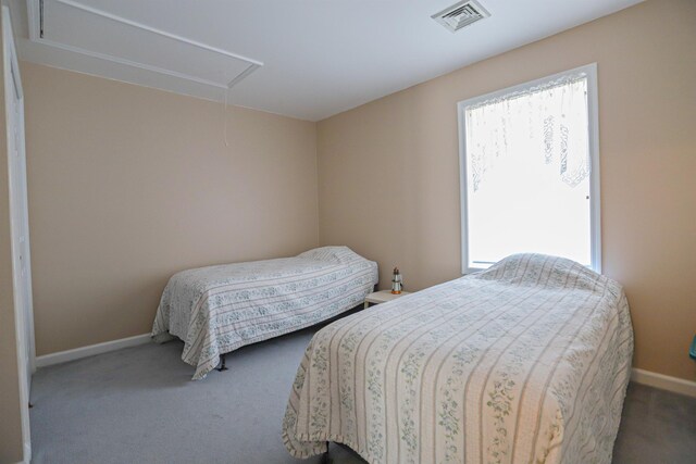 bedroom featuring attic access, carpet flooring, and baseboards
