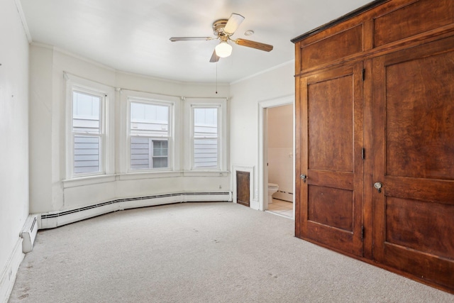 102 S Derby Ave, Ventnor, NJ 08406 - unfurnished bedroom with carpet, ornamental molding, baseboard heating, connected bathroom, and a ceiling fan