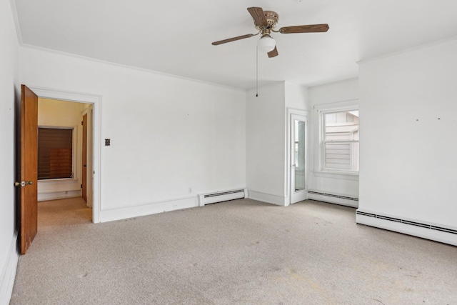 102 S Derby Ave, Ventnor, NJ 08406 - spare room with a baseboard heating unit, carpet flooring, a ceiling fan, and ornamental molding