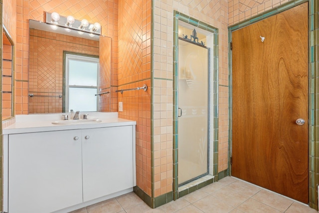 102 S Derby Ave, Ventnor, NJ 08406 - bathroom with vanity, a stall shower, tile patterned floors, and tile walls