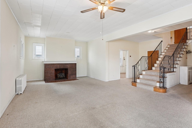 102 S Derby Ave, Ventnor, NJ 08406 - unfurnished living room with radiator, carpet, a ceiling fan, and stairway