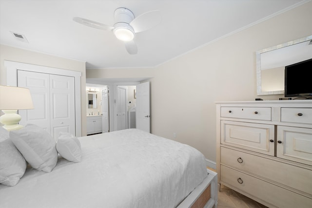 13 93rd St Unit 5, Stone Harbor, NJ 08247 - bedroom with ornamental molding, ensuite bathroom, a closet, and a ceiling fan