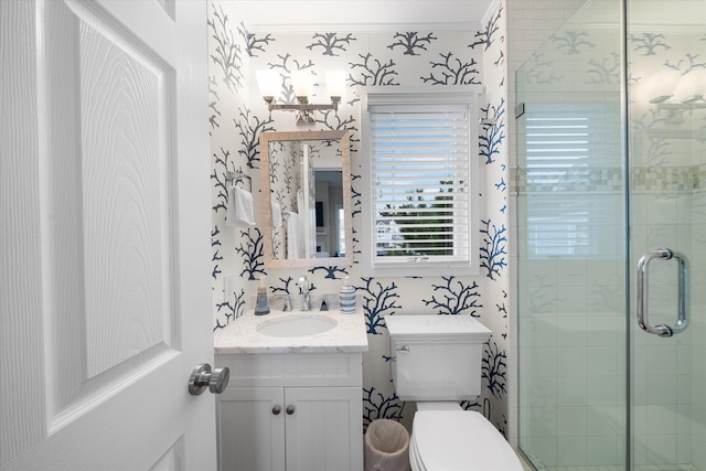 13 93rd St Unit 5, Stone Harbor, NJ 08247 - full bath with vanity, a shower stall, wallpapered walls, and crown molding