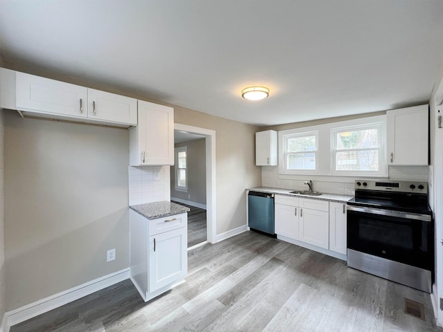 kitchen featuring tasteful backsplash, stainless steel appliances, sink, and white cabinets