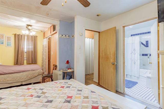 bedroom featuring radiator heating unit and connected bathroom